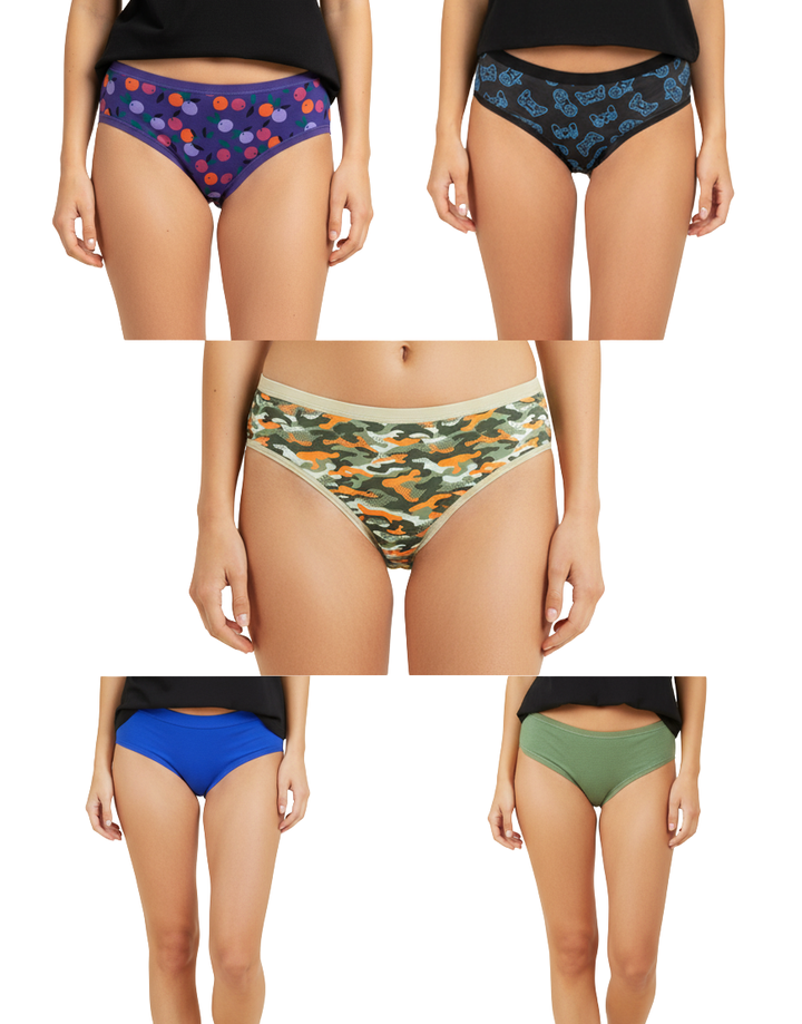 PACK OF 5 SUPER SOFT COTTON STRETCH PRINTED BIKINI BRIEFS -GREEN ARMY