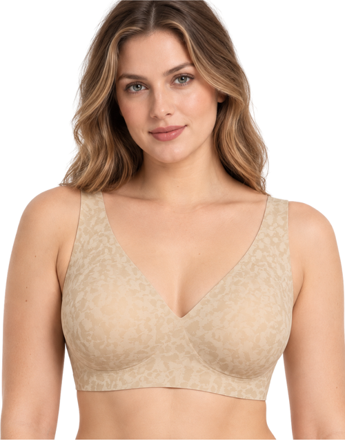 Losha V-Neck Full Coverage Laser Cut Leopard Print Jelly Bra -Skin
