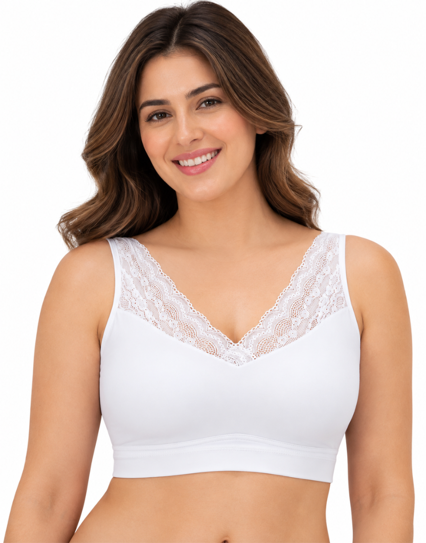 NEW! POCKETED MASTECTOMY BRA-WIRELESS LACE,REMOVEABLE PADDING-WHITE