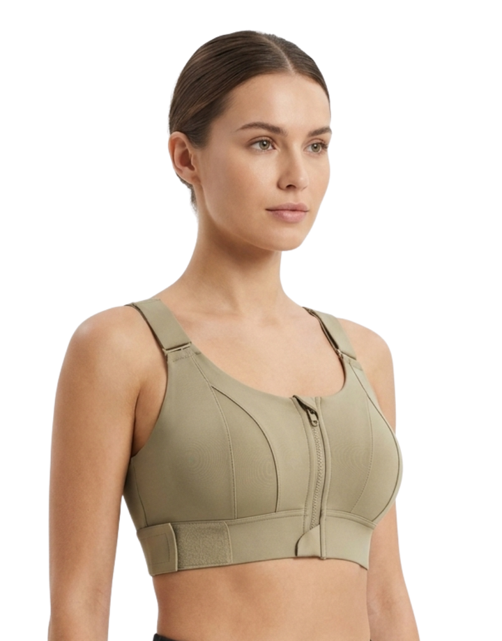 PREMIUM QUALITY FRONT CLOSURE PADDED HIGH IMPACT SPORTS BRA WITH ADJUSTABLE WAIST BAND-Olive