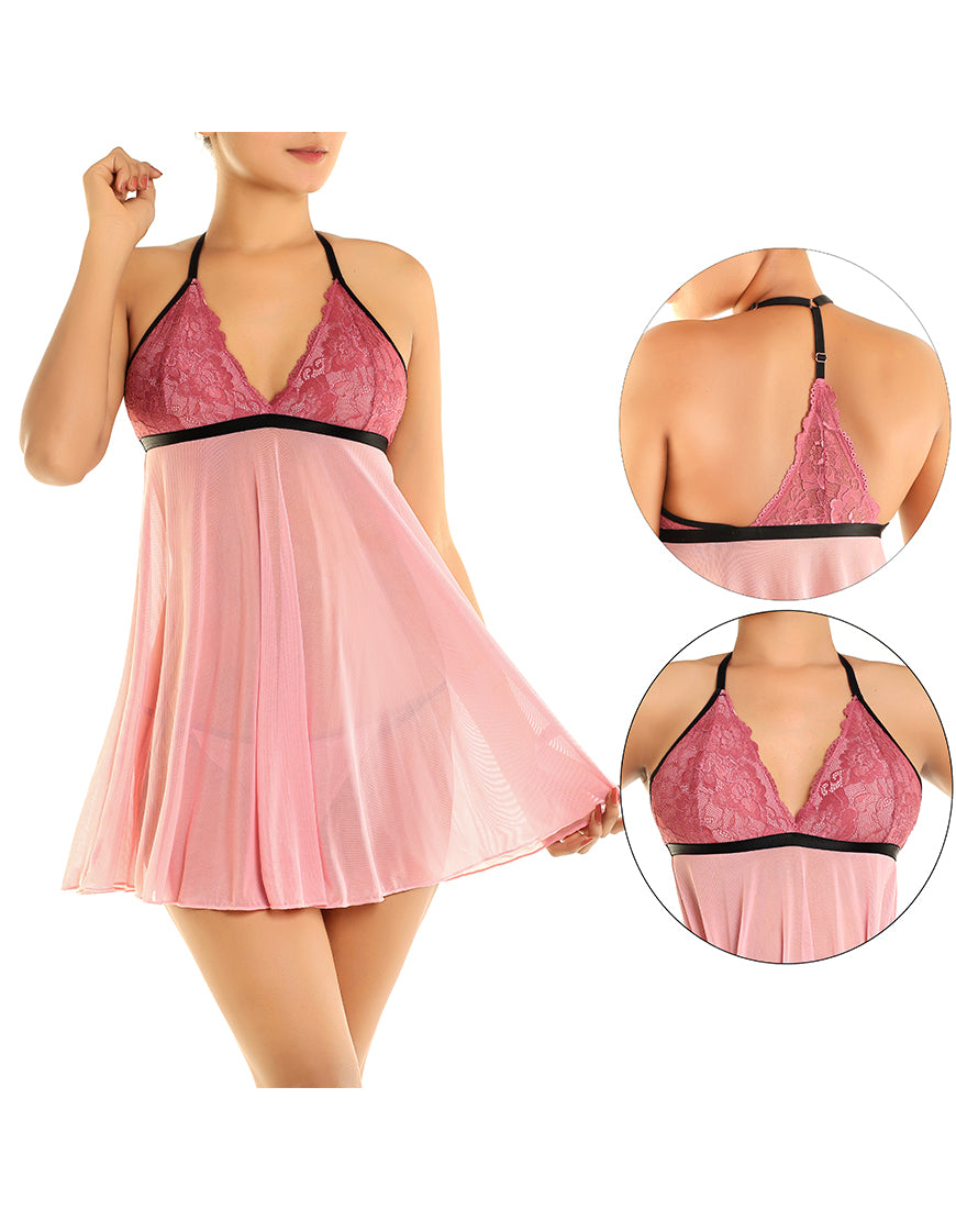 PRINCESS LACE RACER BACK BABYDOLL WITH G-STRING – MALAGA PINK