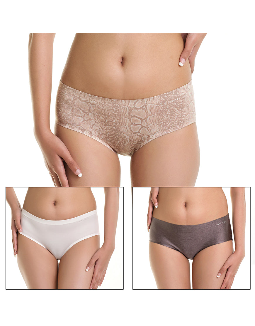 TAHARI PACK OF 3 LASER CUT HIPSTER PANTIES -GREY/WHITE/ANIMAL PRINT