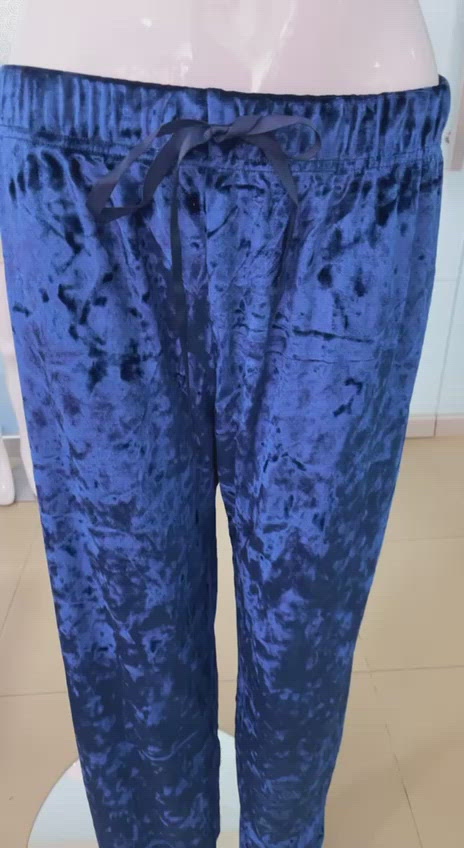 TAHARI CRUSHED VELVET WIDE LEG PAJAMA PANTS-BLUE