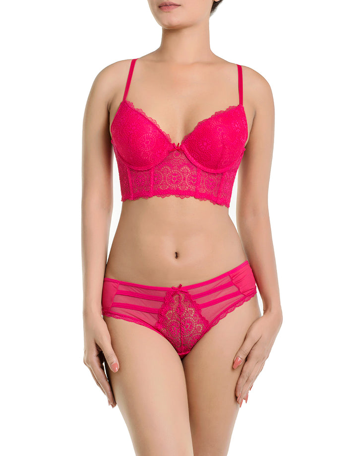 LACE MESH LONGLINE PUSH UP BRA SET- VIRTUAL PINK