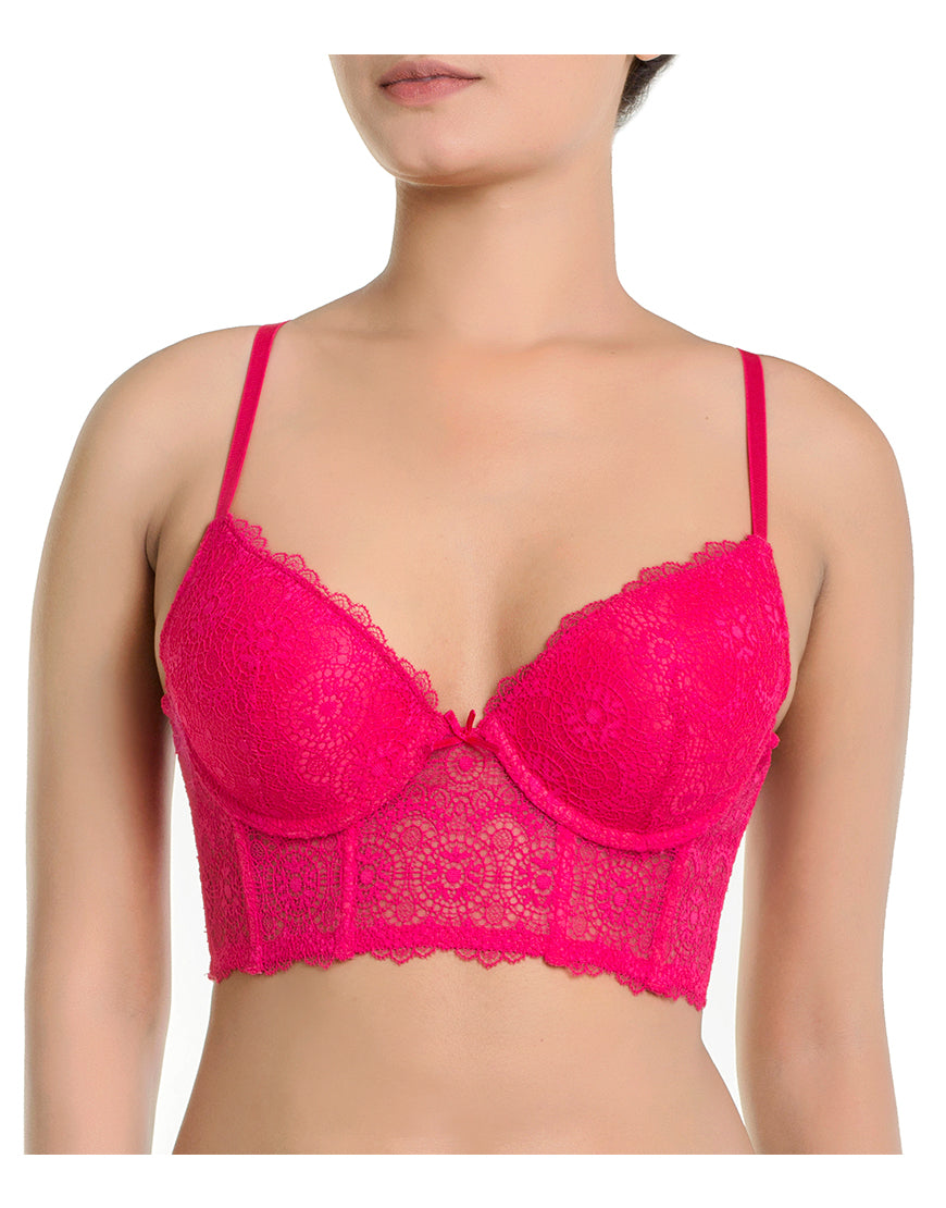 LACE MESH LONGLINE PUSH UP BRA SET- VIRTUAL PINK