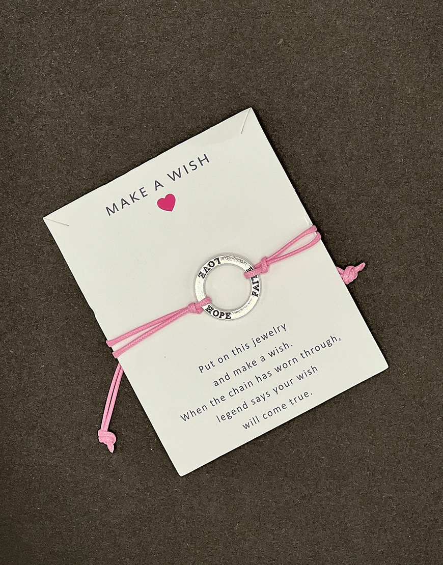 HOPE,FAITH,LOVE RING SHAPED CHARM BRACLETE WITH SLIDER KNOT ON BABY PINK STRING