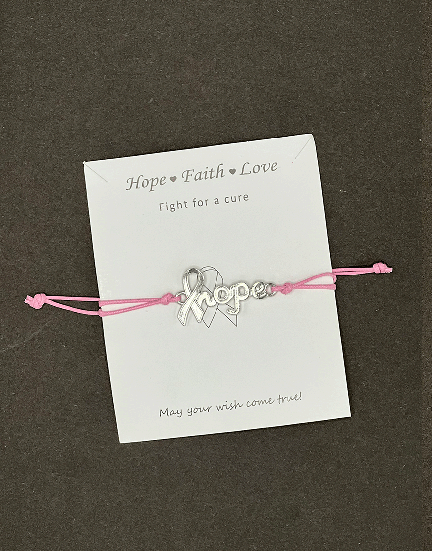 SILVER HOPE CHARM BRACELET WITH SLIDER KNOT ON BABY PINK STRING