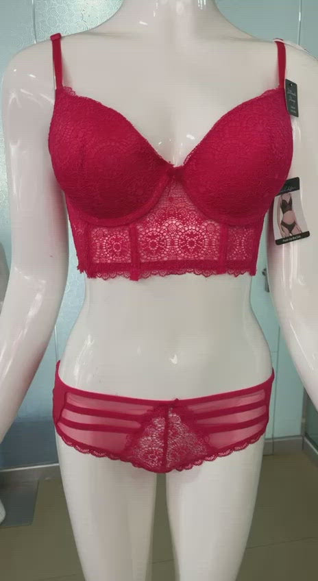 LACE MESH LONGLINE PUSH UP BRA SET- VIRTUAL PINK