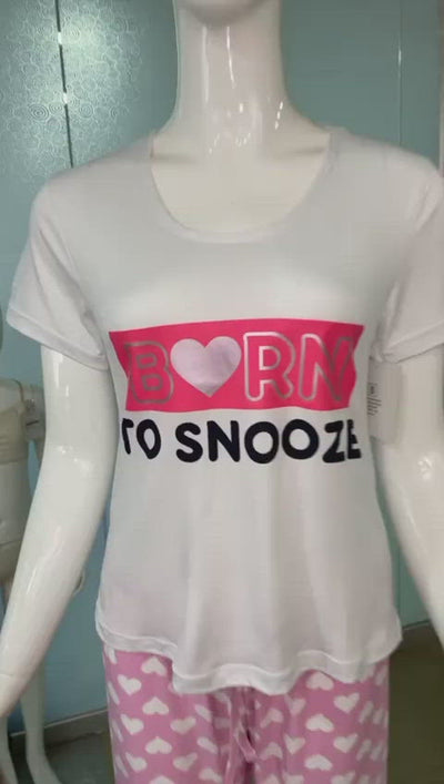 BORN TO SNOOZE TOP & PJ SET - WHITE PINK