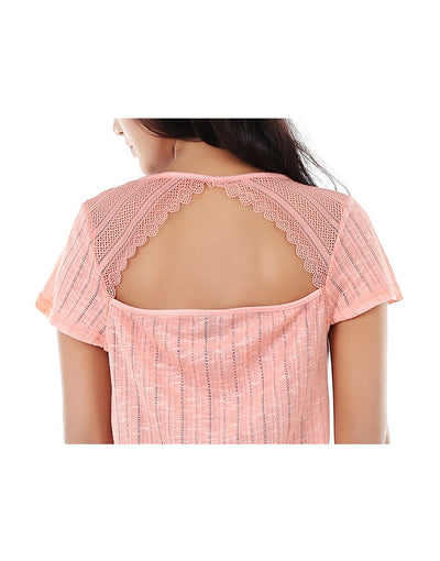 TAHARI POINTELLE KNIT SHORT SLEEVE SLEEP SHIRT-PEACH