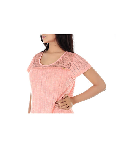 TAHARI POINTELLE KNIT SHORT SLEEVE SLEEP SHIRT-PEACH