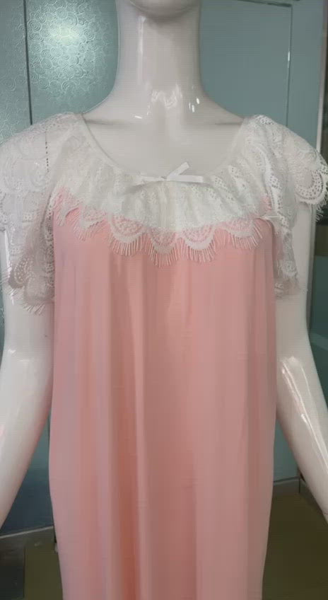 LOSHA LONG NIGHTY WITH CONTRAST LACE NECKLINE AND DROP SHOULDERS-PINK
