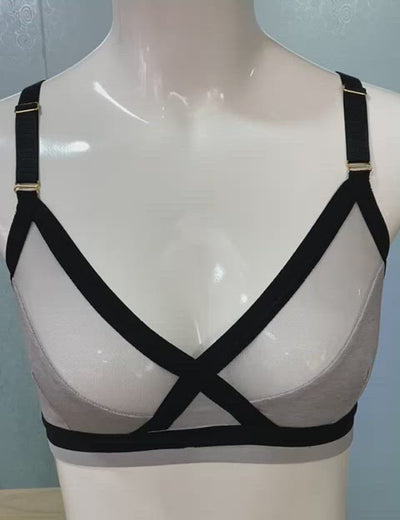 MESH AND STRETCH COTTON CROSSOVER BRALETTE-GREY