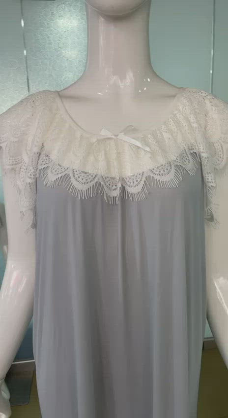 LONG NIGHTY WITH CONTRAST LACE NECKLINE AND DROP SHOULDERS-LIGHT GREY