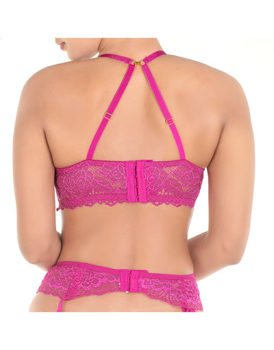 LACE & MESH PUSH-UP BRA WITH GARTER BELT & THONG-FESTIVAL FUSCIA