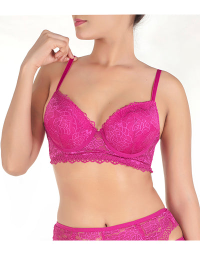 LACE & MESH PUSH-UP BRA WITH GARTER BELT & THONG-FESTIVAL FUSCIA