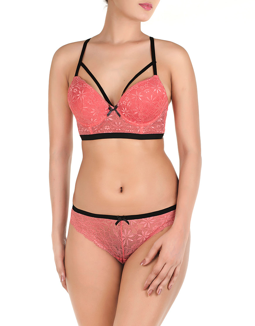 ALL OVER LACE LONGLINE CAGE CUP PUSH UP BRA SET-TEA ROSE