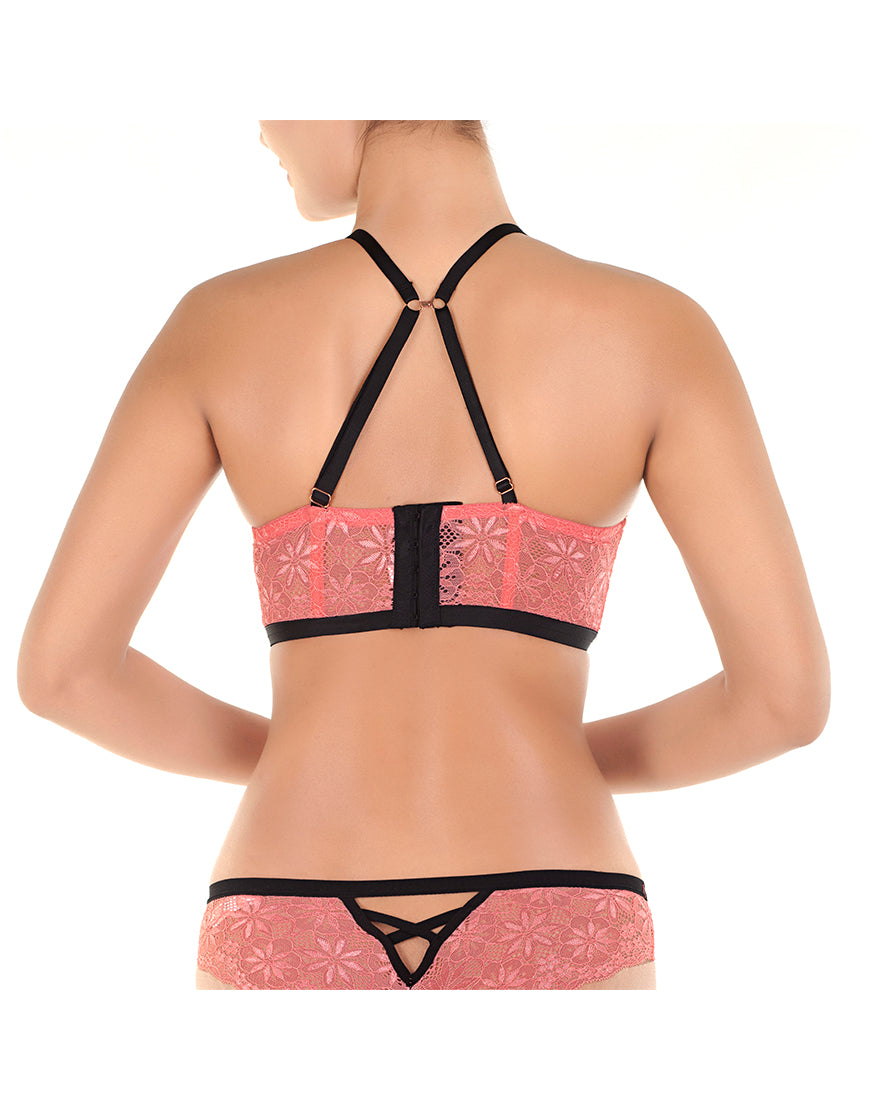 ALL OVER LACE LONGLINE CAGE CUP PUSH UP BRA SET-TEA ROSE