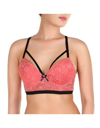 ALL OVER LACE LONGLINE CAGE CUP PUSH UP BRA SET-TEA ROSE