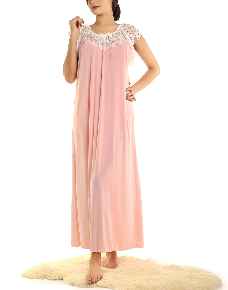 LOSHA LONG NIGHTY WITH CONTRAST LACE NECKLINE AND DROP SHOULDERS-PINK