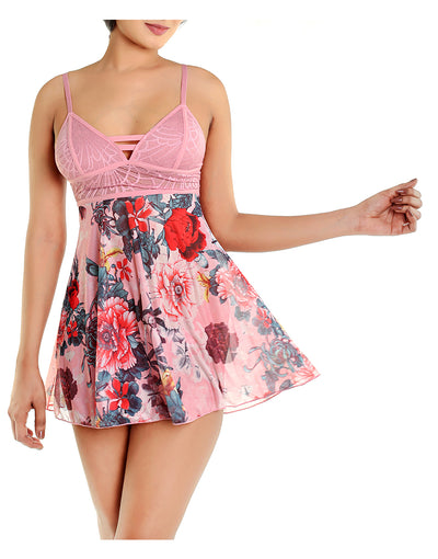 PRINTED MESH AND LACE BABYDOLL WITH G STRING-FOXGLOVE