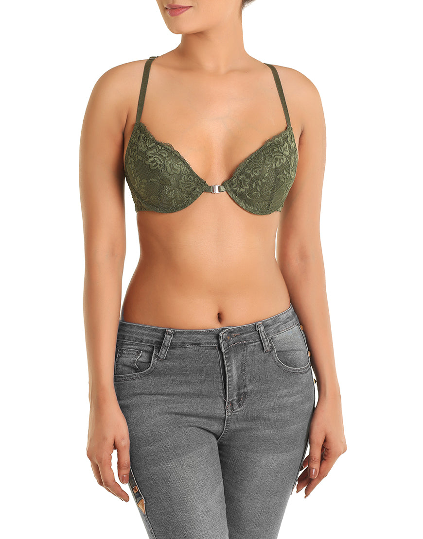 PACK OF 2 FRONT OPEN FANCY BACK LACE PUSH UP BRAS-GREEN/ROSE
