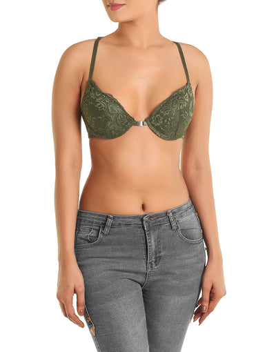 PACK OF 2 FRONT OPEN FANCY BACK LACE PUSH UP BRAS-GREEN/ROSE