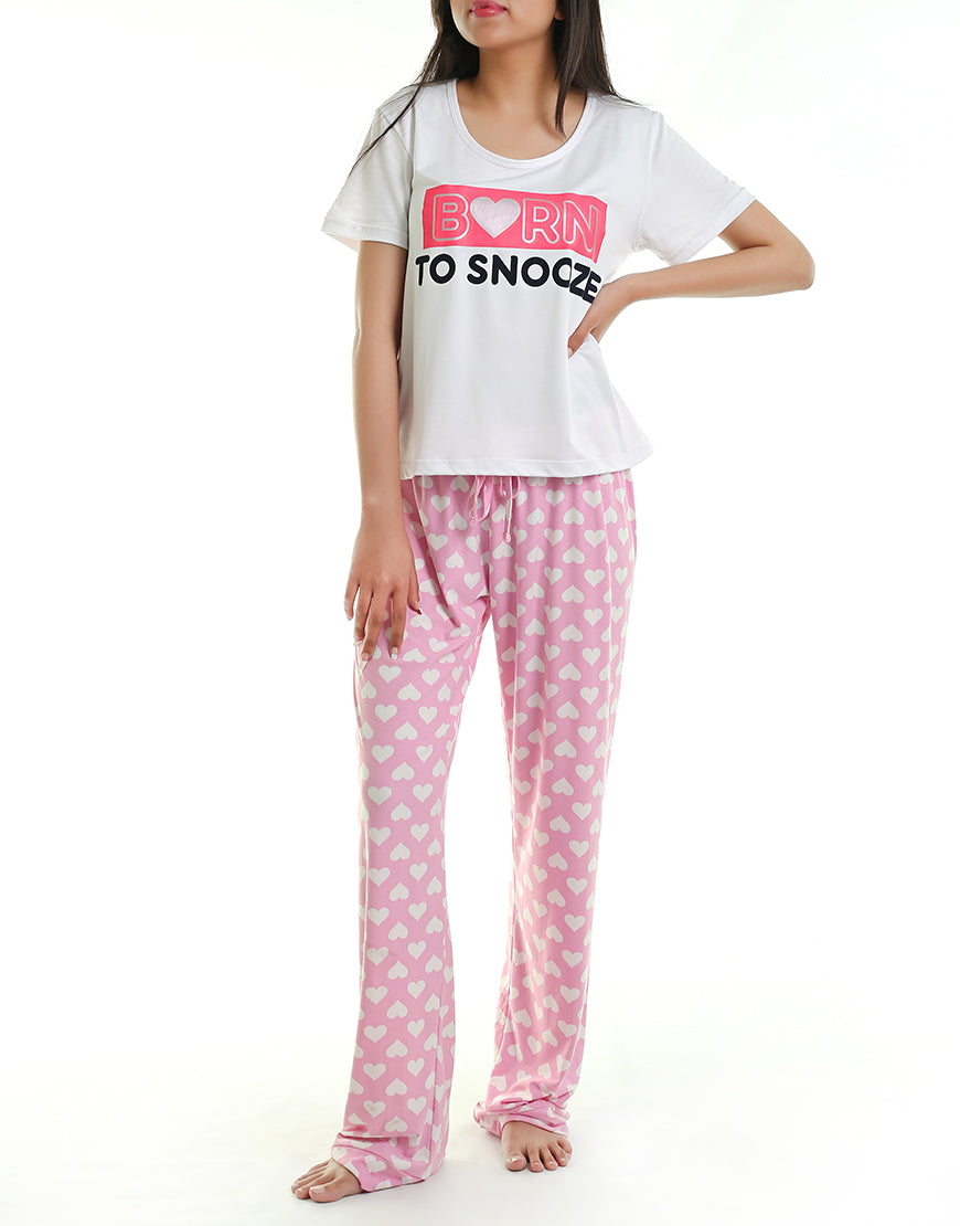 BORN TO SNOOZE TOP & PJ SET - WHITE PINK