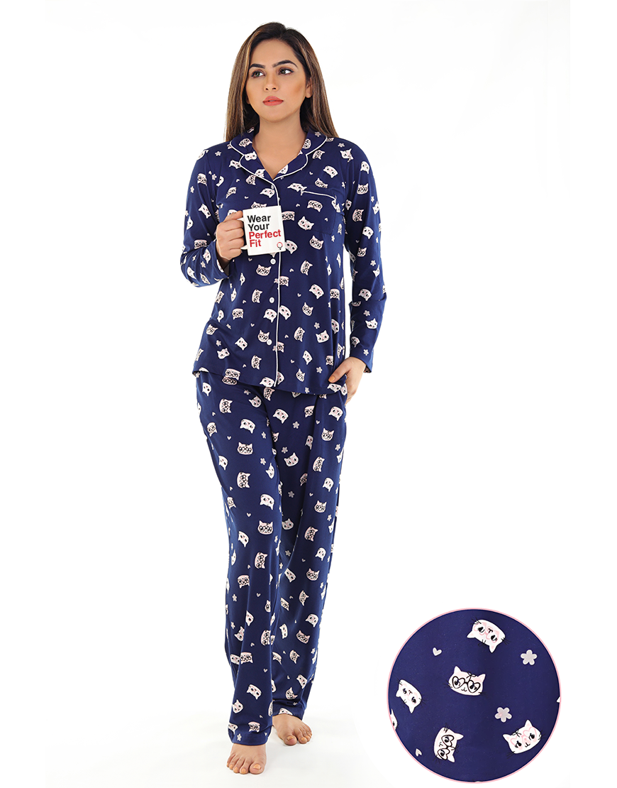 SIESTA PEACH FINISH BUTTON DOWN SHIRT & PJ SET-CATS