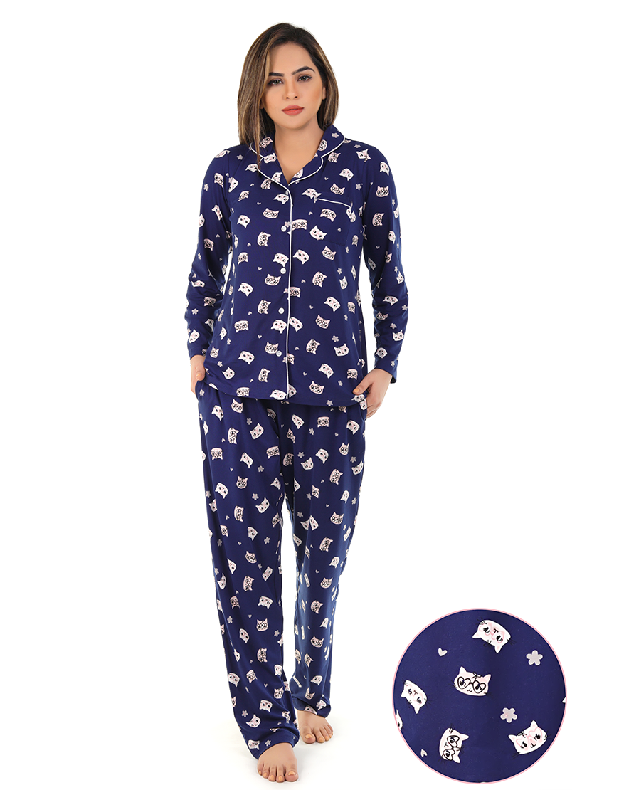 SIESTA PEACH FINISH BUTTON DOWN SHIRT & PJ SET-CATS