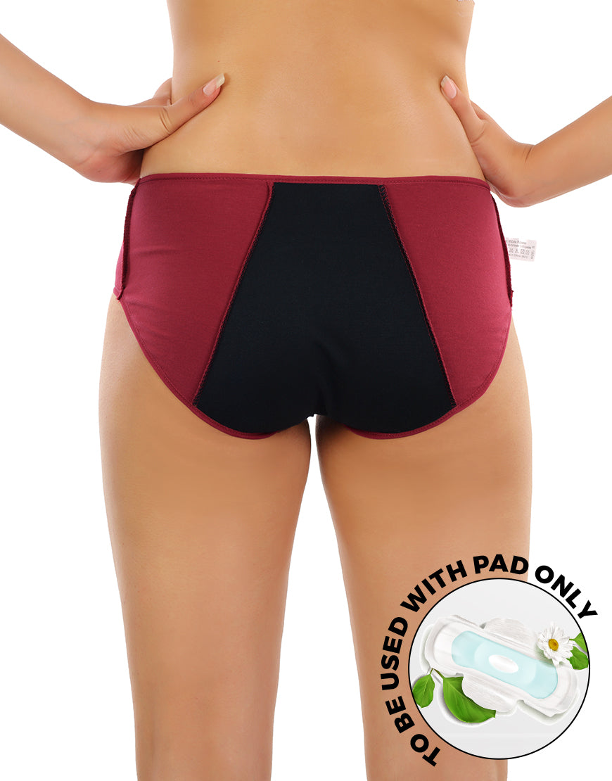 LOSHA COTTON LOW WAIST TRIPLE LAYERED PERIOD PANTY WITH HIDDEN ELASTIC-MAROON