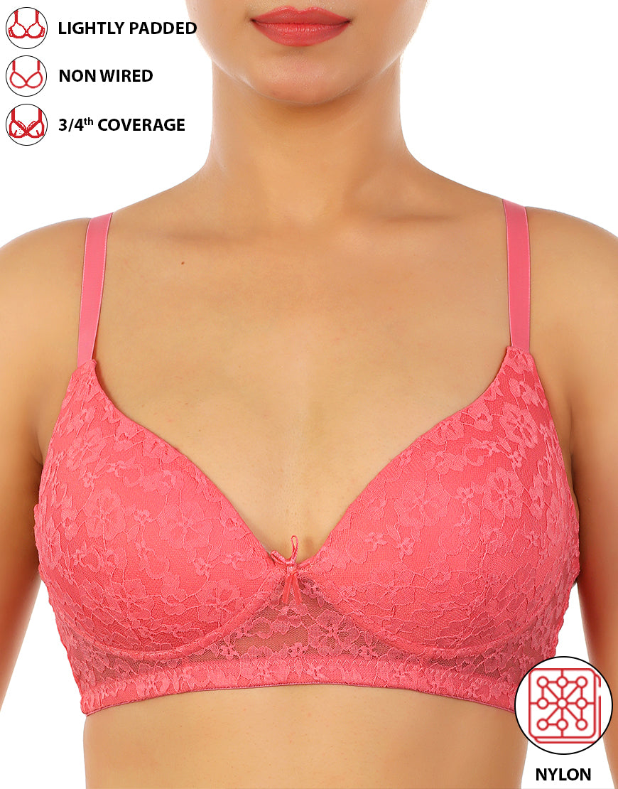 LOSHA LIGHTLY PADDED WIRE-FREE 3/4TH COVERAGE ALL OVER LACE BRA- PINK LEMONADE