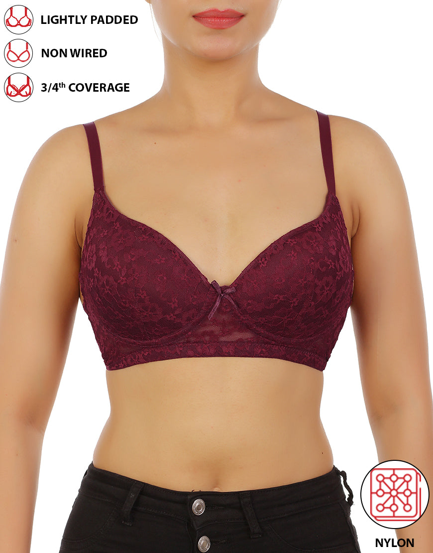 LOSHA LIGHTLY PADDED WIRE-FREE 3/4TH COVERAGE ALL OVER LACE BRA- FIG