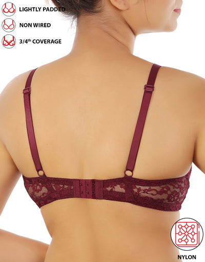 LOSHA LIGHTLY PADDED WIRE-FREE 3/4TH COVERAGE ALL OVER LACE BRA- FIG