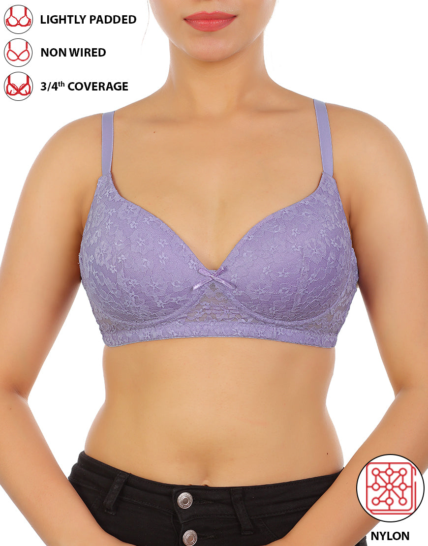 LOSHA LIGHTLY PADDED WIRE-FREE 3/4TH COVERAGE ALL OVER LACE BRA- VOILET TULIP