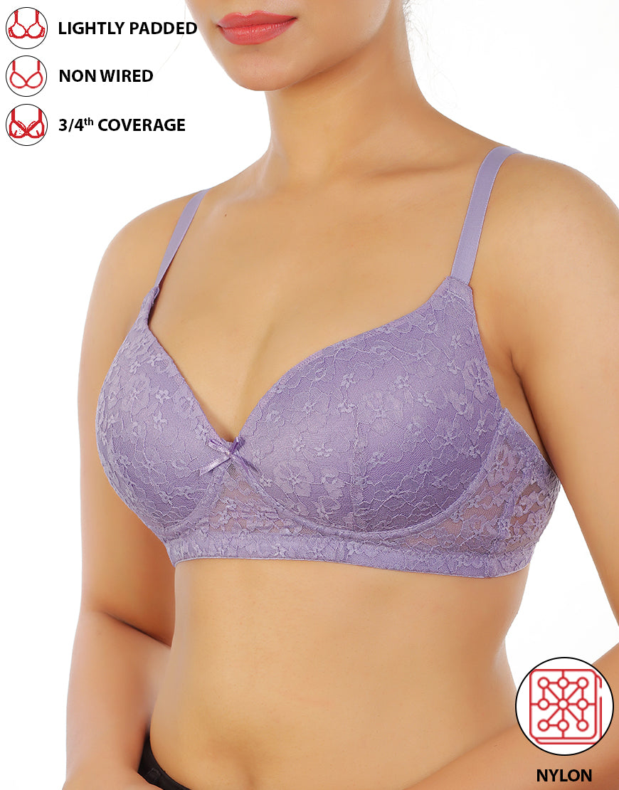 LOSHA LIGHTLY PADDED WIRE-FREE 3/4TH COVERAGE ALL OVER LACE BRA- VOILET TULIP