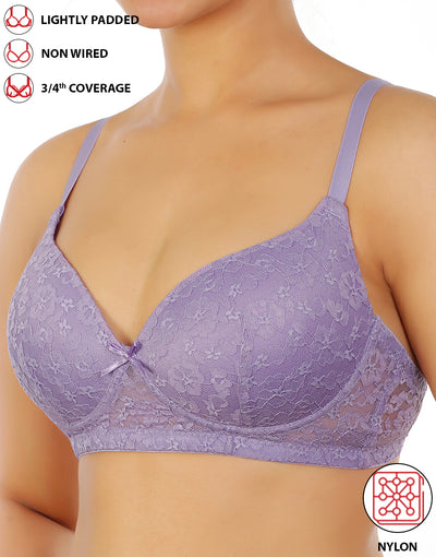 LOSHA LIGHTLY PADDED WIRE-FREE 3/4TH COVERAGE ALL OVER LACE BRA- VOILET TULIP