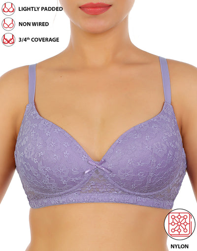 LOSHA LIGHTLY PADDED WIRE-FREE 3/4TH COVERAGE ALL OVER LACE BRA- VOILET TULIP