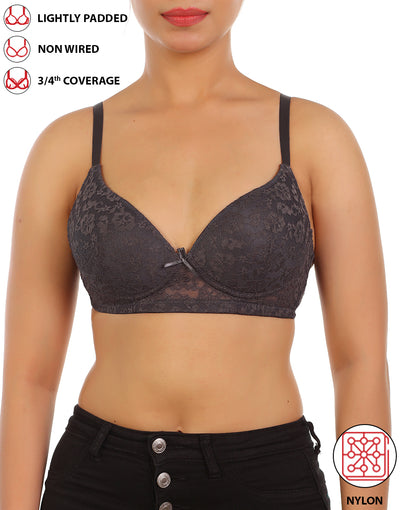 LOSHA LIGHTLY PADDED WIRE-FREE 3/4TH COVERAGE ALL OVER LACE BRA- FORGGED IRON