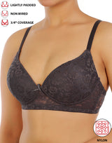 LIGHTLY PADDED WIRE-FREE 3/4TH COVERAGE ALL OVER LACE BRA- FORGGED IRON