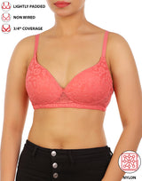 LIGHTLY PADDED WIRE-FREE 3/4TH COVERAGE ALL OVER LACE BRA- GEORGIA PEACH