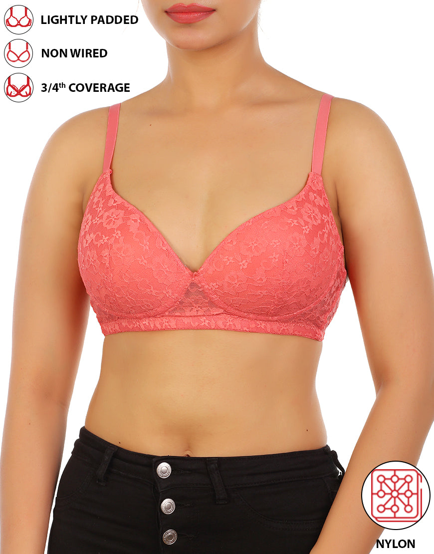 LOSHA LIGHTLY PADDED WIRE-FREE 3/4TH COVERAGE ALL OVER LACE BRA- GEORGIA PEACH