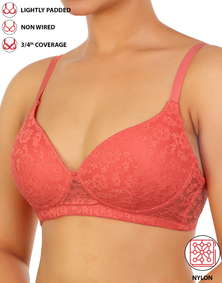 LOSHA LIGHTLY PADDED WIRE-FREE 3/4TH COVERAGE ALL OVER LACE BRA- GEORGIA PEACH