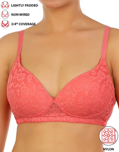 LOSHA LIGHTLY PADDED WIRE-FREE 3/4TH COVERAGE ALL OVER LACE BRA- GEORGIA PEACH