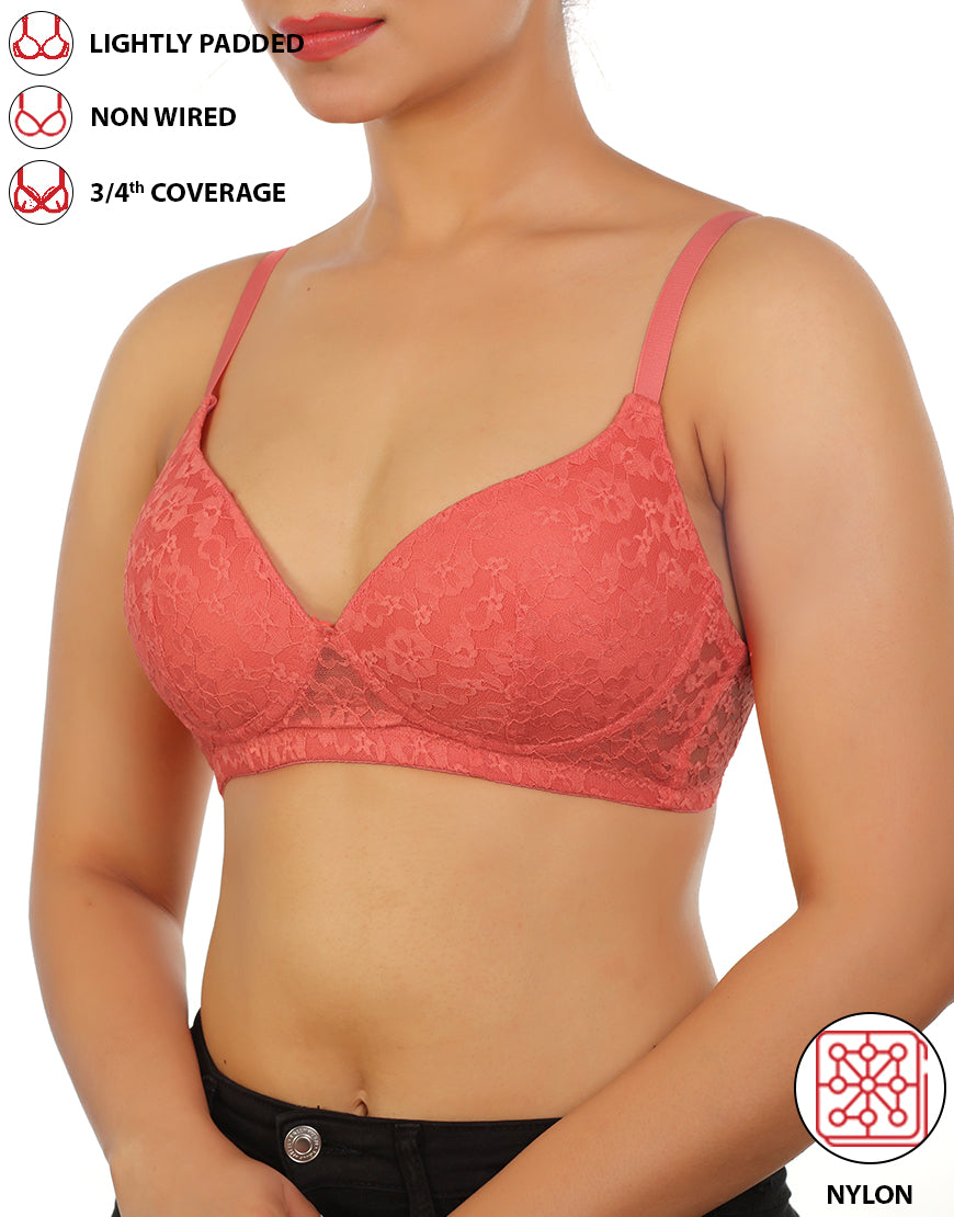 LOSHA LIGHTLY PADDED WIRE-FREE 3/4TH COVERAGE ALL OVER LACE BRA- GEORGIA PEACH