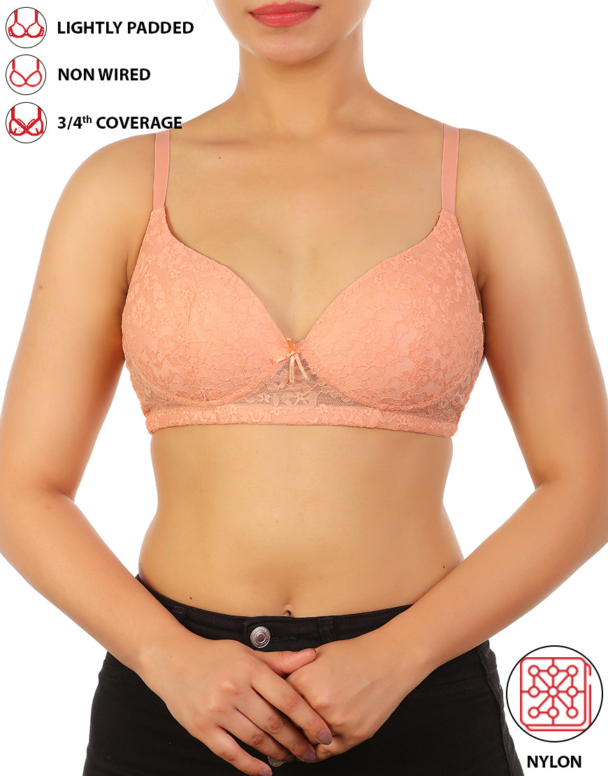 LOSHA LIGHTLY PADDED WIRE-FREE 3/4TH COVERAGE ALL OVER LACE BRA- SALMON