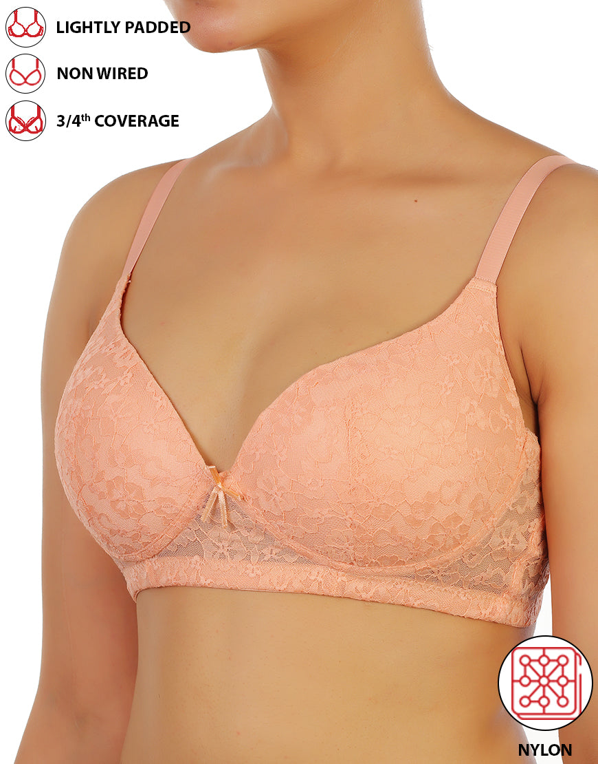 LOSHA LIGHTLY PADDED WIRE-FREE 3/4TH COVERAGE ALL OVER LACE BRA- SALMON