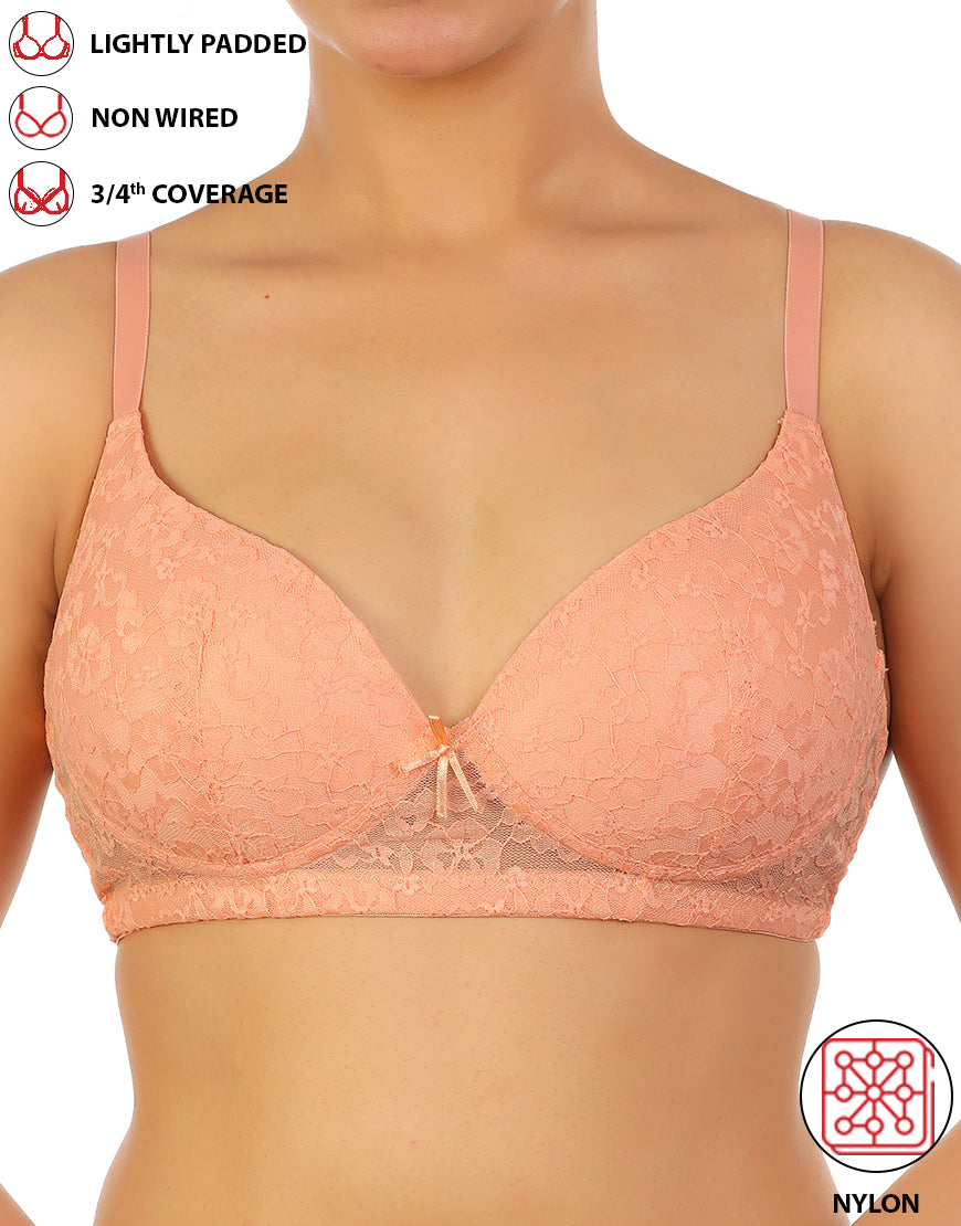 LOSHA LIGHTLY PADDED WIRE-FREE 3/4TH COVERAGE ALL OVER LACE BRA- SALMON
