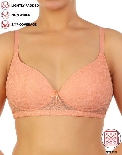 LOSHA LIGHTLY PADDED WIRE-FREE 3/4TH COVERAGE ALL OVER LACE BRA- SALMON