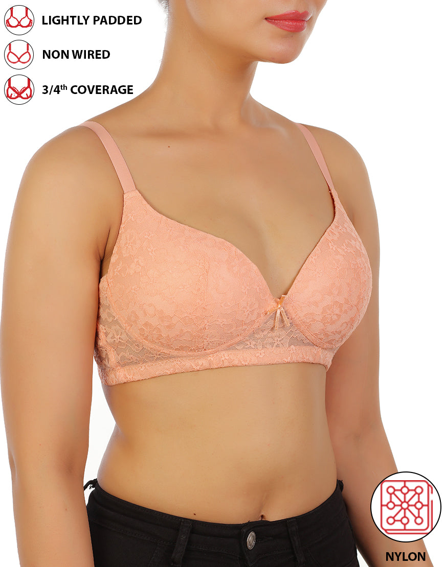 LOSHA LIGHTLY PADDED WIRE-FREE 3/4TH COVERAGE ALL OVER LACE BRA- SALMON